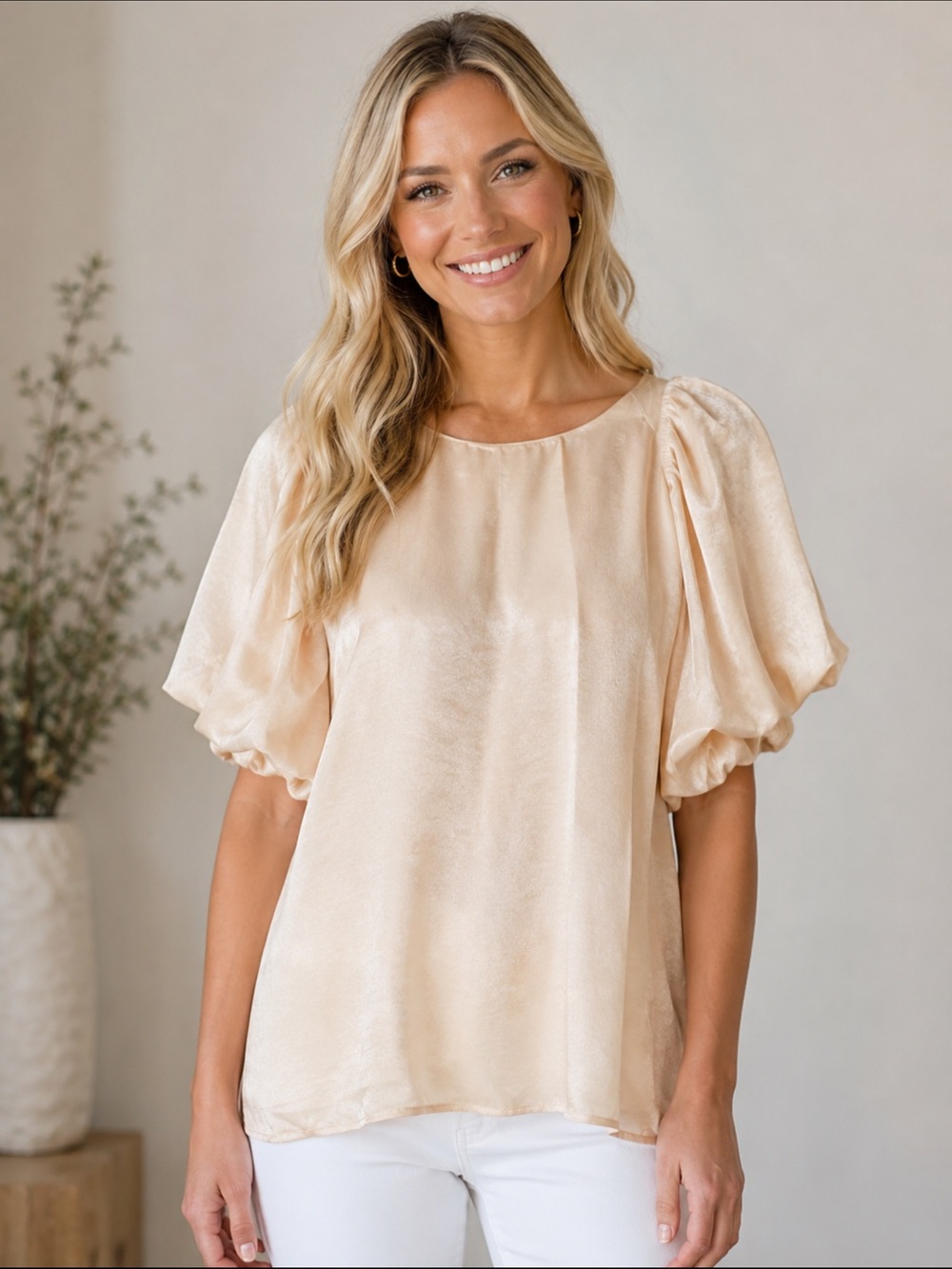 Umgee Satin Puff Sleeve Top - Peach Cream